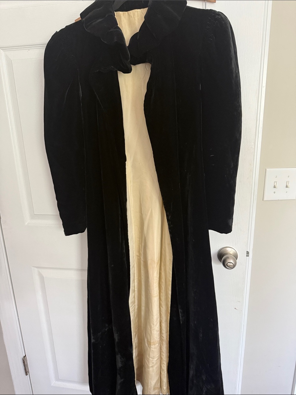 Vintage Black Velvet Long Coat with Cream Lining